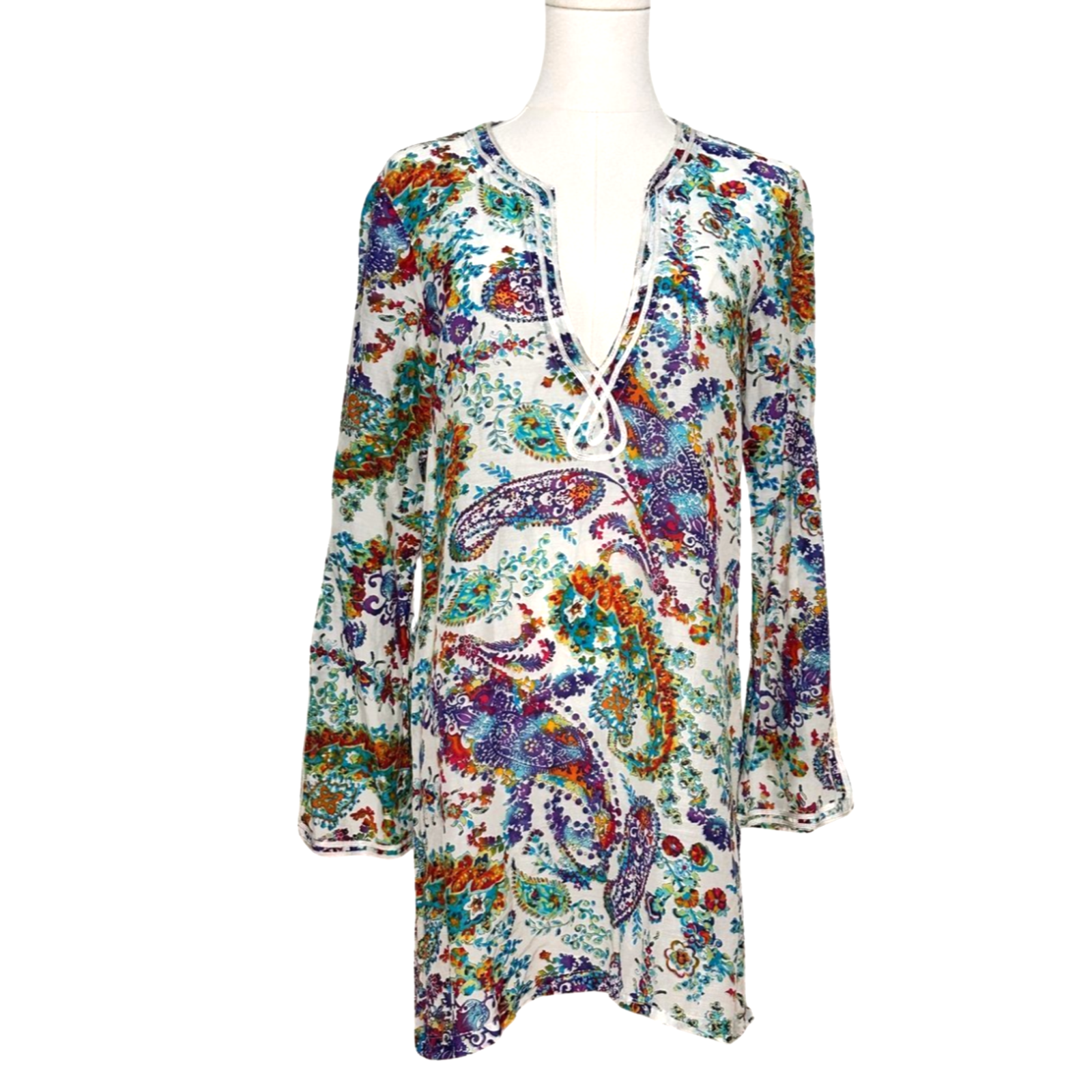 Lauren Ralph Lauren Silk Blend Rainbow Paisley Flare Sleeve Tunic Cover Up Small